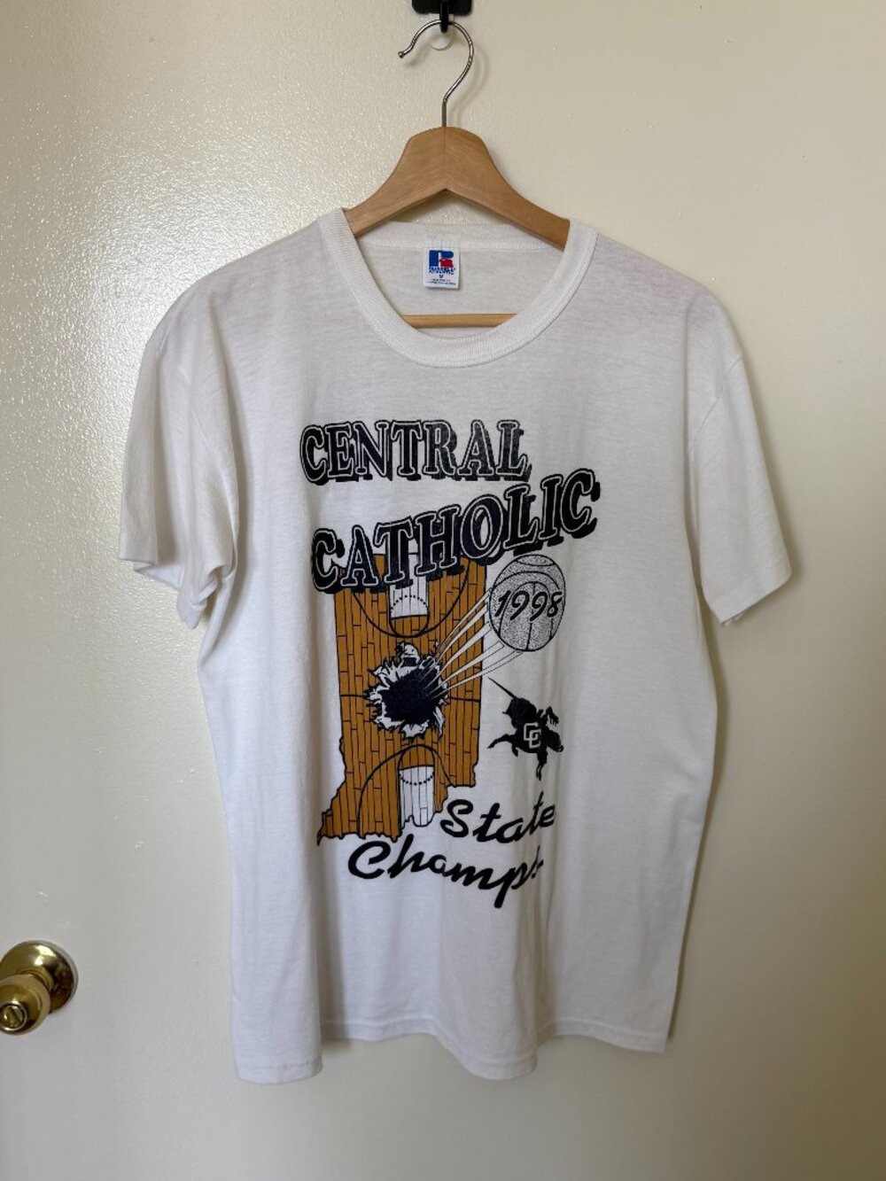 Vintage Russell Athletic White Central Catholic 1998 State Champs T Shirt M